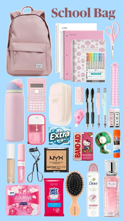 School Bag Inside, School Project Ideas, School Emergency Kit, School Backpack Essentials, Preppy School Supplies, Get Home Bag, Middle School Hacks, Pretty School Supplies, School Suplies