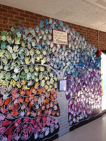 Handprint Collaborative Art, Hand Print Mural Ideas, Group Mural Ideas, Community Art Mural, Hand Print Mural, School Community Projects, Community Art Ideas, Mural Ideas School, Community Mural Ideas