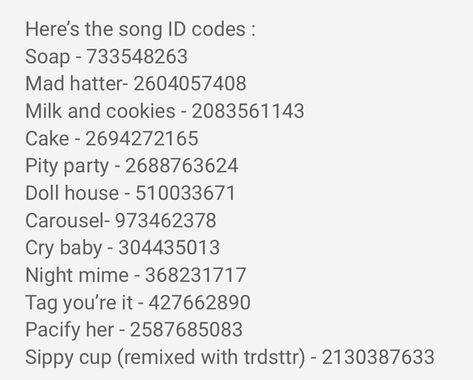 Roblox song ids! #roblox #robloxsongid #bloxburg #music Royal High Song Id Codes, Clip It Song Codes, Royale High Music Id Codes, Adopt Me Music Codes 2024, Roblox Free Codes, Adopt Me Music Codes, Roblox Song Id Codes Not Copyright 2023, Roblox Song Id Codes 2024, Roblox Audio Codes