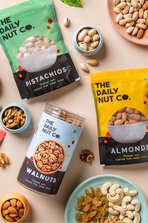 Nut Store Design, Affordable Packaging Ideas, Nuts Packaging Ideas, Snacks Product Photography, Food Marketing Ideas, Granola Ideas, Smart Grocery Shopping, Nuts Photography, Design Packaging Food