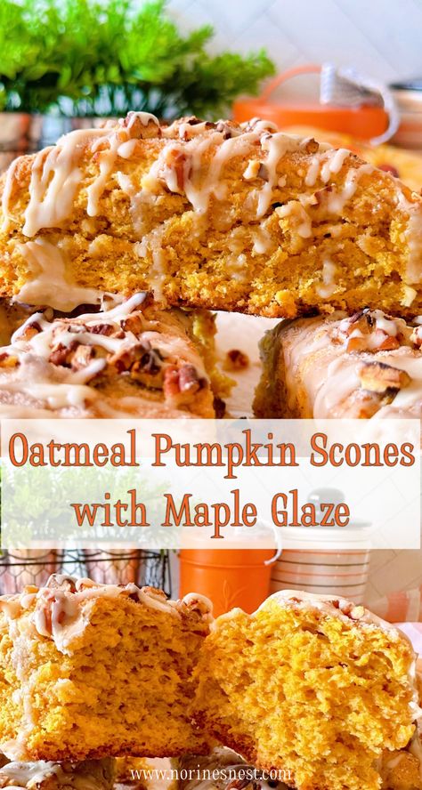 Top Photo: Scones piled high on a plate. Bottom Photo: Pumpkin Oatmeal Scone broken open so you can see the inside. Pumpkin Oatmeal Scones Recipe, Pumpkin Oat Scones, Pumpkin Oatmeal Scones, Ina Garten Maple Oatmeal Scones, Fall Scones Recipe, Pumkin Scones, Oatmeal Scones, Oatmeal Pumpkin, Autumn Foods