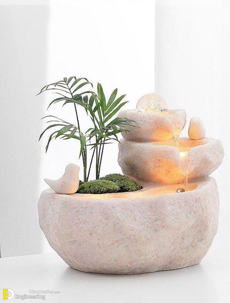 Small Massage Room Ideas Office, Living Room Water Fountain, Zen Fountain Indoor, Indoor Water Fountains Living Rooms, Indoor Fountain Ideas Living Rooms, Zen Decorating Ideas, Podcast Decor, Small Indoor Water Fountains, Feng Shui Water Fountain