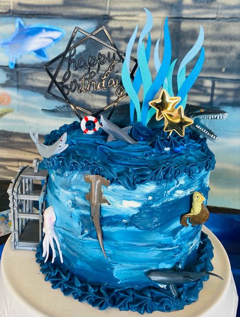 Jaws Birthday Cake, Shark Themed Cakes, Shark Birthday Cake, Birthday Cale, Octonauts Birthday Party, Shark Birthday Cakes, 8th Birthday Cake, Ocean Cakes, 6th Birthday Cakes