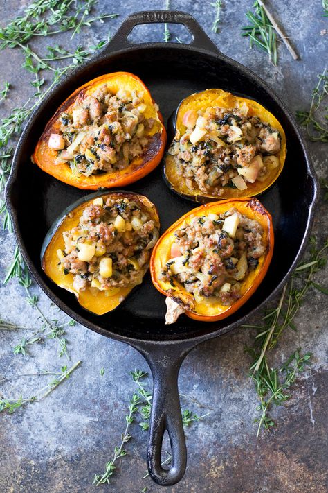 Caramelized Onion, Apple, and Sausage-Stuffed Acorn Squash {recipes entree caramelized onion apple sausage acorn squash vegetables} Chorizo Stuffed Acorn Squash, Easy Stuffed Acorn Squash, Paleo Acorn Squash, Squash Sausage, Sausage Stuffed Acorn Squash, Sausage Kale, Stuffed Squash, Stuffed Acorn Squash, Acorn Squash Recipes