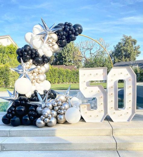 Balloons Around Marquee Numbers, Marquee Balloon Decorations, 40 Marquee Numbers With Balloons, 50 Marquee Number With Balloons, Marquee With Balloons, Marquee Numbers With Balloons, Church Party Ideas, Arches Decor, Decorating With Balloons