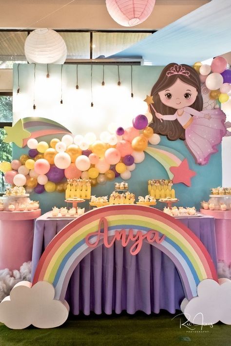 Rainbow Theme Decorations 1st Birthdays, Rainbow Theme Decorations, 7th Birthday Party For Girls Themes, 7th Birthday Party For Girls, First Birthday Decoration Ideas, Princess Theme Party Decorations, Fairy Birthday Themes, Fairy Theme Birthday Party