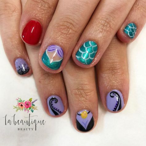 Poor Unfortunate Souls 🐚🧜🏻‍♀️🐙👑🌊 Little mermaid design for @the_faye_bell DisneyLand trip 🌞✈️ #disneynails #disneynailart #littlemermaid… Disney Ariel Nails, Small World Nails, Little Mermaid Nails Designs, Ariel Nails Disney, The Little Mermaid Nails, Ursula Nails, Ariel Nails, Little Mermaid Nail Art, Disney Princess Nail Art