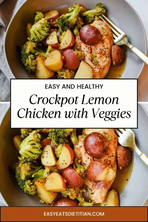 If you're looking for an easy easy and healthy meal your whole family will love, look no further than my crockpot lemon garlic butter chicken with potatoes and broccoli. This dish is not only absolutely delicious, but it's balanced and comes together with minimal effort! #fallrecipes #crockpot #crockpotrecipes #slowcooker #slowcookerrecipes #fall #easydinners #easydinnerideas #healthydinnerrecipes #healthydinner Healthy Crockpot Meals Sweet Potatoes, Chicken Crockpot Recipes Low Sodium, Crockpot Chicken And Brussel Sprouts, Crockpot Chicken And Broccoli Recipes Healthy, Chicken Broccoli Potatoes Crockpot, Chicken Vegetable Slow Cooker, Insulin Resistance Crock Pot Recipes, Chicken And Broccoli Slow Cooker Recipes, Chicken Potato Carrot Crockpot Recipes