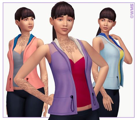 Shana Hoodie Vest | WildlyMiniatureSandwich Sims 4 Athletic Wear, Sims 4 Vest, Sims 4 Athletic, Sims4 Clothing, Ts4 Clothes, Cc Top, Adventure Outfit, Hoodie Vest, Sims Hair