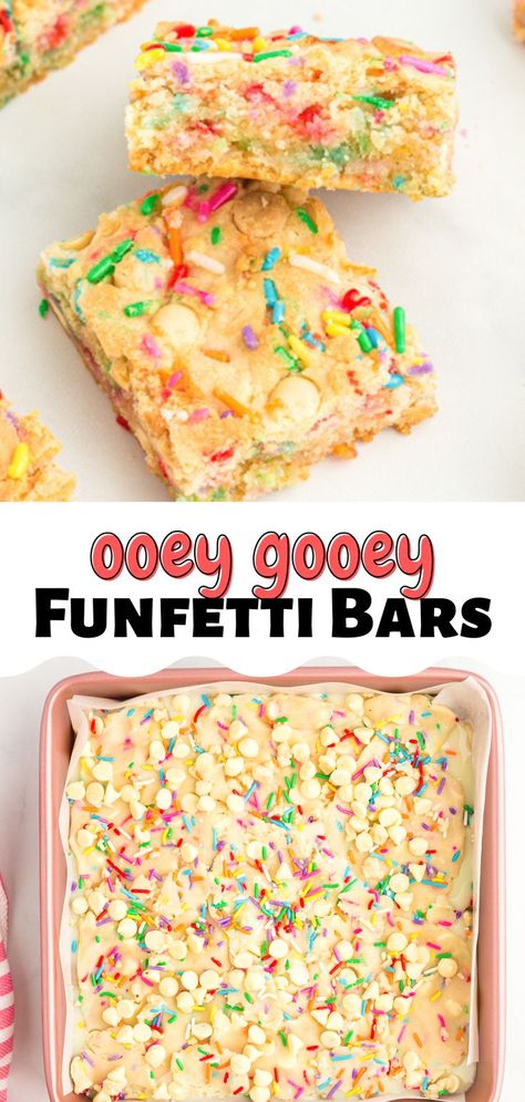 Funfetti Ooey Gooey Bars are an easy dessert bar inspired by the classic birthday cake. Every bite of these buttery soft bars is packed with sweet vanilla flavor and plenty of sprinkles! Funfetti Cake Mix Recipes, Easy Birthday Desserts, Butter Cake Bars, Classic Birthday Cake, Cake Mix Bars, Ooey Gooey Bars, Easy Summer Dessert Recipes, Easy Dessert Bars, Cake Bars Recipe