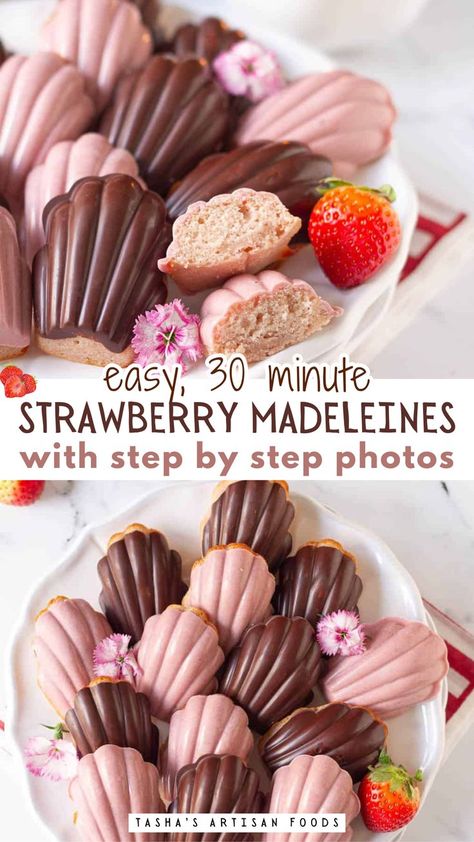 Strawberry Madeleines being served Fancy Madeleines, Fancy French Desserts, Fancy Valentine Desserts, Fancy Dessert Recipes, French Madeleines, Madeleines Recipe, Madeleine Cake, Scalloped Cake, Fancy Recipes