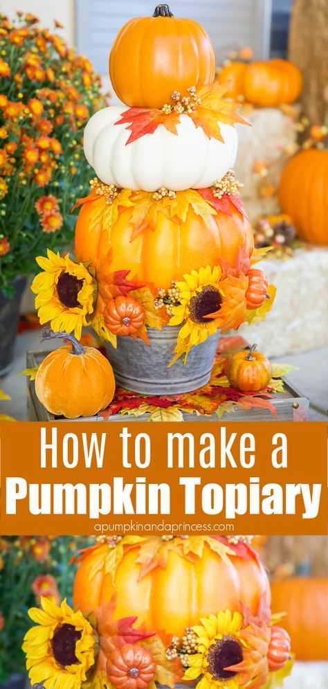 How to make a stacked pumpkin topiary using craft pumpkins Pumpkin Topiary Diy, Pumpkin Topiaries, Fall Topiaries, Faux Topiary, Pasteles Halloween, Craft Pumpkins, Fall Crafts For Adults, Topiary Diy, Pumpkin Vase