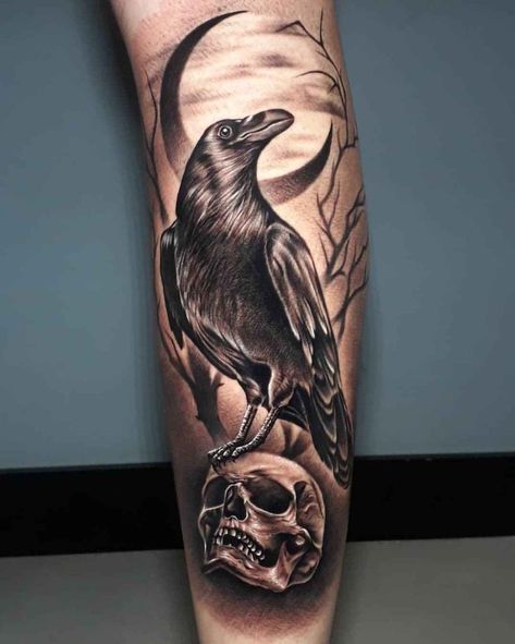 Crow Shoulder Tattoo For Men, Raven Leg Tattoo Men, Raven Owl Tattoo, Nightmare Tattoo Ideas, Realistic Crow Tattoo, Crow Forearm Tattoo, Black Crow Tattoo Design, Raven Skull Tattoo Design, Skinwalker Tattoo