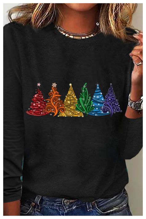 Women's Christmas Tree Cotton-Blend Crew Neck Casual Long Sleeve Shirt Tree Cotton, Womens Christmas Tops, Graphic Christmas, Khaki Style, Color Block Shirts, Christmas Clothes, Womens Christmas, Fashion Jackson, Buy Shirts