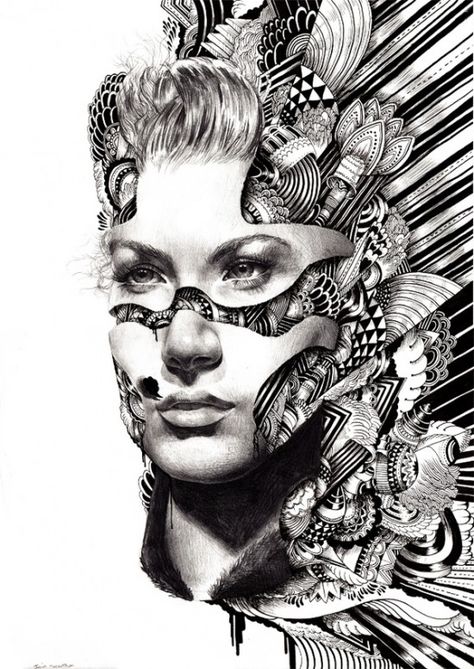 magazine zentangles | Brooke's Blog: Iain Macarthur's Zentangle Portrait Chicago Ideas, Surreal Portrait, A Level Art, Black And White Illustration, Grand Art, A Pencil, Zentangle Art, Realistic Drawings, Art Plastique