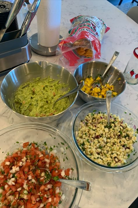 bowls of guac, corn salsa, mango salsa, and regular salsa with a bag of chips Salsa Aesthetic, Aesthetic Chips, Healthy Pantry, Chips And Dip, Homemade Salsa, Chips And Salsa, Recipes From Heaven, Cook At Home, Good Healthy Recipes