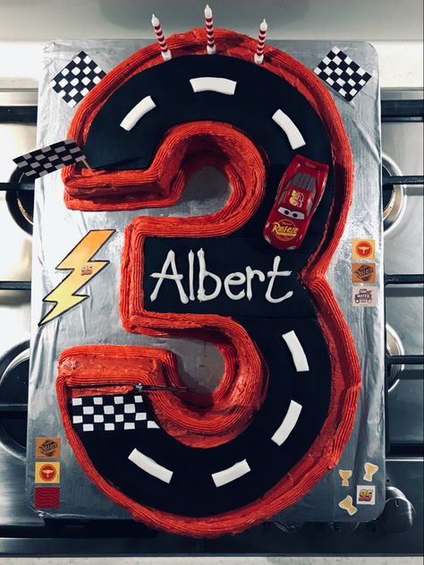 Number 3 Lightning Mcqueen Cake, Number 3 Car Cake, Red Car Birthday Cake, 3 Year Birthday Theme Boy Cars, Cars 3rd Birthday Cake, Lightning Mcqueen Cupcakes, Disney Cars Birthday Cake, Mcqueen Birthday Cake, Red Buttercream