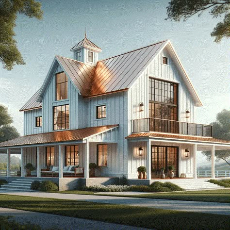 Barndominium Ideas Windows, Copper Roof Barndominium, Cottage Style Barndominium, Elegant Barndominium, White Barndominium Exterior, Interior Design Modern Bathroom, White Barndominium, Copper Roof House, Log Cottage