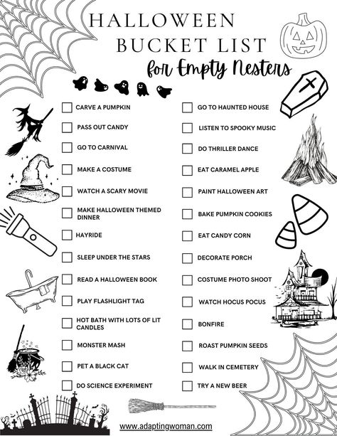 Halloween Bucket List for Empty Nesters: 30 Fun Things to Do This Year https://whispers-in-the-wind.com/30-bucket-list-ideas-for-an-epic-family-fall/?fall-bucket-list-printable-digital-download Things To Do Halloween, Halloween Sleepover Ideas, Health Journal Ideas, Cute Halloween Stuff, Halloween Things To Do, Random Things To Do, Halloween Colouring, Fun Sleepover Activities, Halloween Bucket List