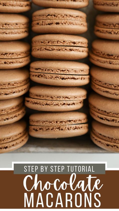 Learn how to make these gorgeous chocolate macarons! My step by step tutorial & detailed recipe will help you master these delicious little cookies. Macaron Recipe Chocolate, Macaroons Recipe Chocolate, Macaroon Recipe Without Almond Flour, Chocolate Macaroons Recipe, Chocolate Macarons Recipe, Chocolate Macaron Recipe, Friendship Board, Macaron Ideas, How To Make Macaroons