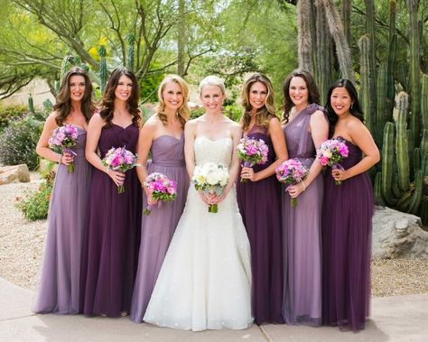 Bride and Bridesmaids in Dresses in Shades of Purple    Photography: Jennifer Bowen Photography   Read More:  http://www.insideweddings.com/weddings/charming-desert-wedding-featuring-bright-berry-tones-in-arizona/759/ Lavender Bridesmaid, Violet Wedding, Wedding Colors Purple, Purple Dresses, Purple Bridesmaids, Purple Bridesmaid Dresses, Bridesmaids Photos, Wedding Dress Pictures, Lavender Wedding