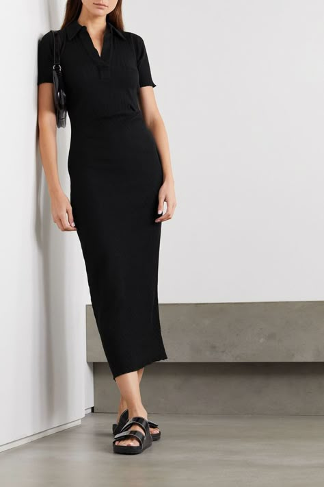 Ribbed Midi Dress Outfit, Long Black Dress Casual, Ribbed Dress Outfit, Black Midi Dress Outfit, Helmut Lang Dress, Black Ribbed Dress, Midi Dress Outfit, Ribbed Midi Dress, Long Dress Casual