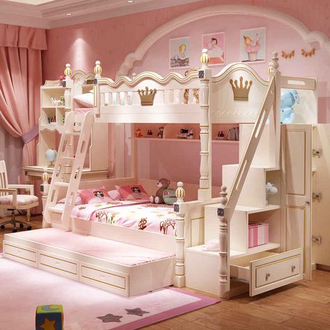 Louis Fashion Upper and Lower Double Parent and Child Combination Beds for Mediterranean Children|children bed|bed for childrenbed child - AliExpress Princess Bed With Slide, Princess Bunk Beds, White Girls Bedroom, Girls Bedroom Bedding, Bunk Beds For Girls Room, Bed For Girls Room, Girls Bunk Beds, Castle Bed, Bed Bunk