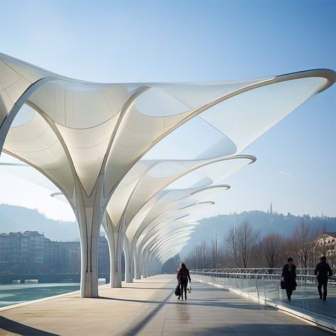 Urban Tensile Bridge - Parametric Architecture Hotel Project Architecture, Landscape Architecture Diagram, Membrane Structure, Urban Intervention, Basking In The Sun, Tensile Structures, Outdoor Stage, Concept Models Architecture, Parametric Architecture