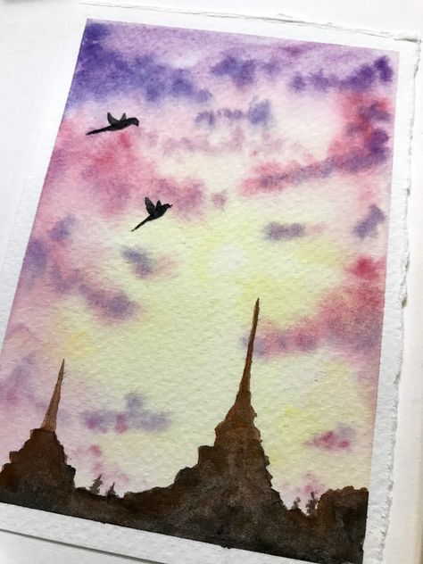 Temple Watercolor, Sky Watercolor, Sun Clouds, Cotton Candy Sky, Sun And Clouds, Art Project, Cotton Candy, Watercolor Painting, Krishna