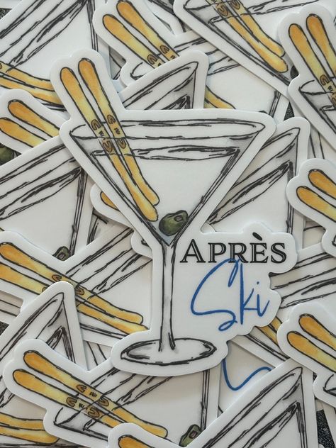 This sticker is an adorable dirty martini with the words "Apres Ski." Makes the prefect addition to your sticker collection. Who doesn't love Apres Ski?  The original artwork is watercolor with a pen and ink technique. Sticker from our shop are made with a thick, durable vinyl that protects your stickers from scratches, water & sunlight. They are all around 3" but die cut stickers will vary in size. Stickers will be shipped in the best possible way to avoid bending. Apres Ski Graphic, Ski Graphic Design, Ski Stickers, Ski Illustration, Ski Aesthetic, Apres Ski Party, Ski Club, Ski House, Retro Ski