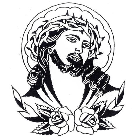 Owen Jensen Flash, Jesus Traditional Tattoo, Traditional Jesus Tattoo, Owen Jensen, Jesus Tattoos, Trad Flash, Jesus Christ Tattoo, Vintage Tattoo Art, Traditional Tattoo Flash Art