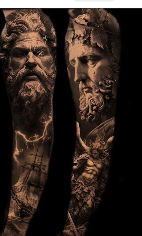 Realistic Tattoo Ideas, Black Crow Tattoos, Greece Tattoo, St Michael Tattoo, Nautical Tattoo Sleeve, Athena Tattoo, Greek Tattoo, Poseidon Tattoo, Realistic Tattoo Sleeve