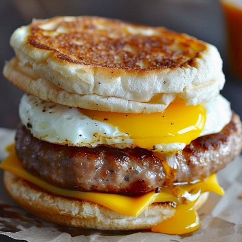 This copycat sausage McMuffin recipe features a toasted English muffin topped with a perfectly cooked egg, breakfast sausage, and cheese. Egg On English Muffin, Eggs Sausage Breakfast, December Meal Plan, English Muffin Breakfast Sandwich, Sausage Meals, Sausage Mcmuffin, English Muffin Breakfast, Uni Meals, Sausage Muffins