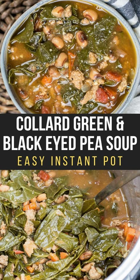 This Collard Green and Black Eyed Pea Soup is the ultimate comfort food! Loaded with ground beef, carrots, collard greens and black eyed peas this is the perfect winter food!  #instantpot Greens And Black Eyed Peas, Pea Soup Instant Pot, Ground Beef Carrots, Blackeyed Pea Recipes, Collard Green Soup, Appalachian Recipes, Black Eyed Pea Soup, Collard Greens Recipe, Bisque Soup