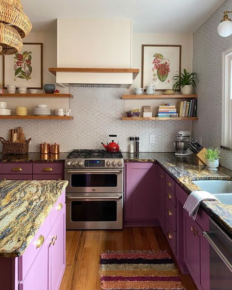 Beyond the All-White Kitchen – One Kings Lane — Our Style Blog Kitchen Purple, Beige Floor Tile, Chalet Kitchen, Purple Cabinets, House Moodboard, Kitchen Facelift, Cabinet Inspiration, Basement Reno, Purple Kitchen