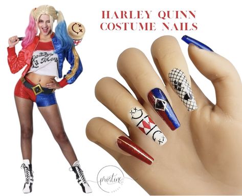 Harley Quinn Nails Acrylic, Harley Quinn Nails Designs, Harley Quinn Nail Art, Cosplay Nails, Harley Nails, Harley Quinn Nails, Comic Harley Quinn, Superhero Nails, Harley Quinn Halloween