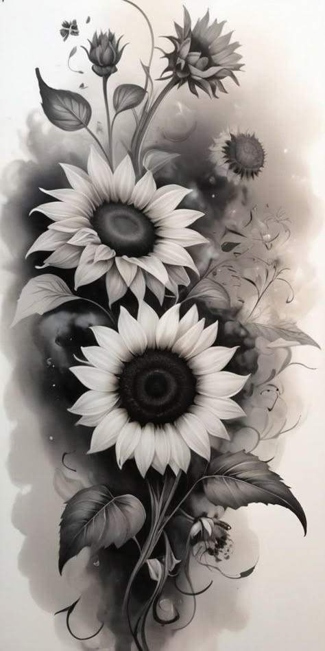 X Ray Sunflower Tattoo, Black And White Flower Tattoo Designs, Realistic Flower Tattoo Color, Sunflowers Tattoo Design, Sunflowers Tattoo, Darkside Tattoo, Black And White Flower Tattoo, Flowers Tattoos, Tattoo Linework