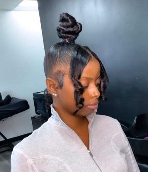 Dinner Date Updo, Top Knot Bun With Two Bangs, Ninja Bun With Bangs, Top Bun Hairstyles For Black Women, Bang Updo, Ninja Bun, Black Hair Bun, Black Hair Updo Hairstyles, Top Knot Bun