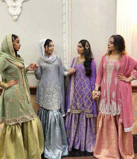 Bridesmaid gharara squad goals #Repost from @khxdijah . . . . . . . . . . . . . .… Garara Designs Organza, Desi Wedding Dresses Bridesmaid Outfits, Blue Garara, Jamawar Gharara, Gharara Designs, Bridesmaid Outfits, Indian Bridesmaid Dresses, Indian Bridesmaids, Desi Dress