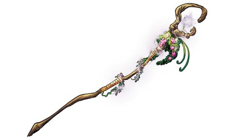 Nature Staff Concept Art, Dnd Wizard Staff, Staff Of The Woodlands, Druid Staff Design, Woodland Staff, Elven Staff, Mushroom Staff, Flower Staff, Nature Staff