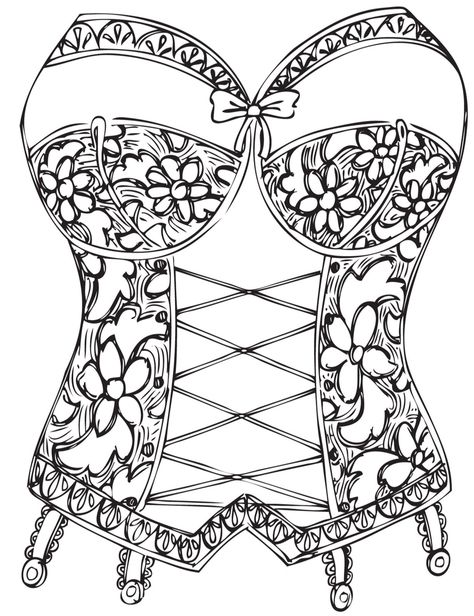 Corset Top Drawing Sketches, Corset Art Drawing, Lace Tattoos, Words Coloring Book, Board Painting, Coloring Art, Adult Coloring Designs, Colouring Printables, Adult Coloring Book Pages