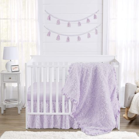 Sweet Jojo Designs Lavender Purple Boho Floral Rose Girl Baby Crib Bedding Set Infant Nursery Room Solid Light Lilac Bohemian Flower Luxurious Elegant Princess Vintage Shabby Chic Luxury Glam Ruffle Baby Girl Nursery Purple And Grey, Lilac Nursery Ideas, Lavender Nursery Baby Girl, Purple Crib Bedding, Lilac Nursery, Girl Nursery Crib, Purple Nursery Girl, Lavender Bedding