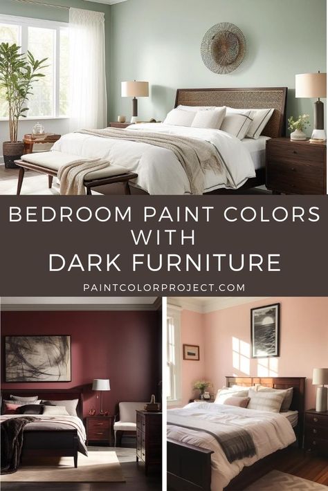 bedroom paint colors with dark furniture. Small Bedroom With Dark Furniture, Master Bed Paint Ideas, Bedroom Paint Colors Master Dark Furniture, Paint Colors That Go With Cherry Wood Bedroom, Beige Bedroom With Dark Wood Furniture, Paint Colors With Cherry Furniture, Paint Colors That Go With Dark Wood Furniture Master Bedrooms, Beige Bedroom Dark Furniture, Bedroom Ideas With Dark Wood Furniture Color Schemes