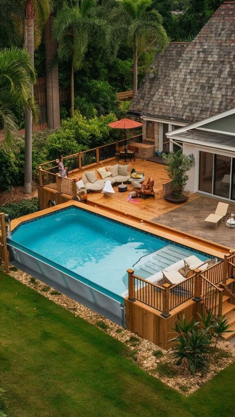 Floating Deck With Pool, Multi Level Pool Deck, Ranch Pool Ideas, Back Deck With Pool, Wooden Pool Deck, Pool Goals, Pool With Deck, Rectangle Above Ground Pool, Garden Ideas Budget Backyard