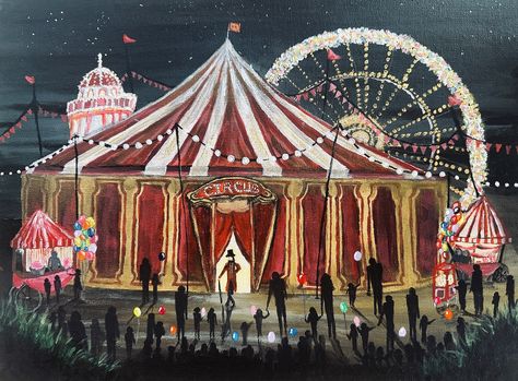 Not my usual kind of painting but it’s for a lovely local art themed competition, it was so much fun to paint and it took me back to visiting the circus as a child! “Roll up Roll up the circus is here!!” Hiding behind the sand dunes there was a Magical Vintage Circus 🎪 #circus #circusart #fairground #fairgroundart #vintageart #vintageartwork #rolluprollup #painting #art #artist #entertainment #artcompetition #loveart #balloons #cottoncandy #popcorn #fairgroundrides #funatthefair #funonthebe... Circus Theme Painting, Circus Tent Painting, Carnival Painting, Circus Painting, Circus Circus, Circus Tent, Circus Art, Acrylic Painting For Beginners, Circus Theme