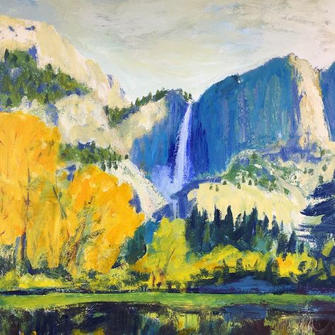 Yosemite Falls in the Light by Rob Larson, Acrylic, 24inches x 24inches x 1.5inches Yosemite Artwork, Yosemite Painting, Yosemite Art, Easy Painting Projects, Large Landscape Painting, Pretty Paintings, Watercolor Landscapes, Yosemite Falls, Canvas Paint