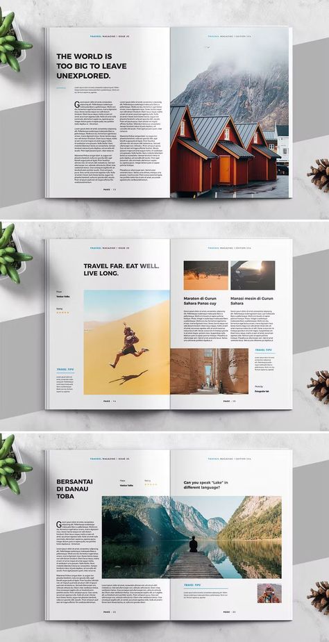 Travel Magazine Template InDesign INDD, IDML. 24 Unique Pages. A4 and US Letter Travel Magazine Design, Travel Magazine Layout, Indesign Layout, Magazine Layout Inspiration, Magazine Design Inspiration, 잡지 레이아웃, Brochure Design Creative, Pub Design, Page Layout Design