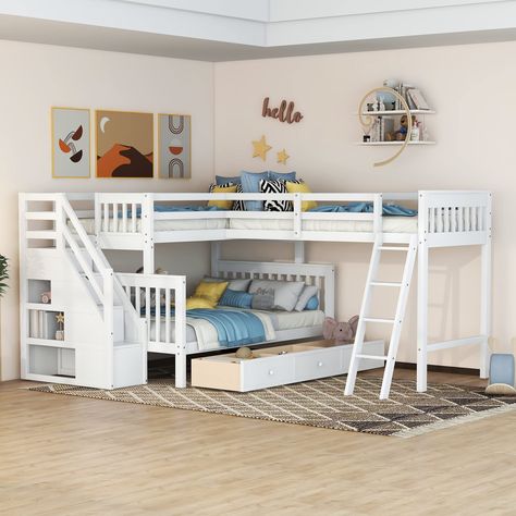 PRICES MAY VARY. Bellemave Twin over Full L-Shaped Triple Bunk Bed With and Storage Stairs and 3 Drawers  Make it easy for you to host sleepovers or snooze beside a sibling with this twin over full triple bunk bed, an L-shaped design that’s comprised of three beds with attached ladders and mesh guardrails for safety and security. Its modern finish bring contemporary style to your space, while its built-in workspace, staircase and storage drawers help your little one balance work, play, and rest. L Shaped Bunk Bed, Corner Loft Beds, Stairs And Storage, Beds With Stairs, Triple Bedroom, Corner Loft, Three Beds, Triple Bed, Storage Stairs