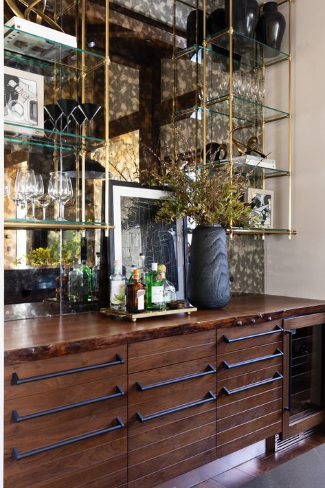 Mountain Living's 2010 Home of the Year Winner is Now Listed for $49.5 Million - Mountain Living Antiqued Mirror Backsplash, Snacks Corner, Antique Mirror Backsplash, Contemporary Mountain Home, Bar Shelves, Mirror Backsplash, Built In Bar, Home Bar Designs, Bar Mirror