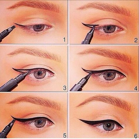 How to Create Perfect Winged Eyeliner? How To Do Winged Eyeliner, Hand Guide, Grunge Makeup Tutorial, Teknik Makeup, Tutorial Eyeliner, Perfect Winged Eyeliner, Bentuk Alis, Winged Eyeliner Tutorial, Eyeliner For Beginners